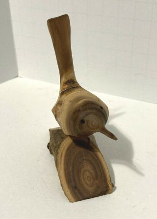 Vintage Hand Carved Wood Bird On Log Signed