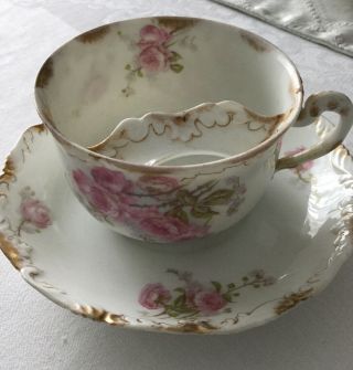 Victorian Mens Mustache China Tea Cup And Saucer White Tea Roses Pitkin & Brooks