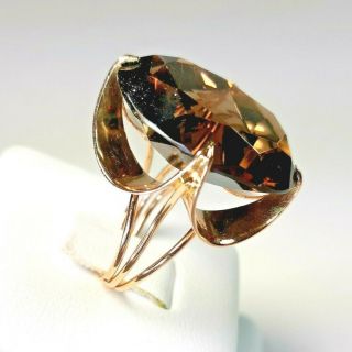 Vintage 14 Kt.  Yellow Gold Ring With Oval Smokey Topaz 13ct Size 7 1/2 8.  8 Gm
