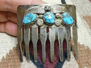 Vintage Navajo Sterling Silver Hand Turquoise Hand Made Hair Clip L.  Nez WOW 3