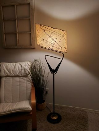 Vtg Mid Century Modern Atomic Floor Lamp With Whip Stitch Shade Mcm