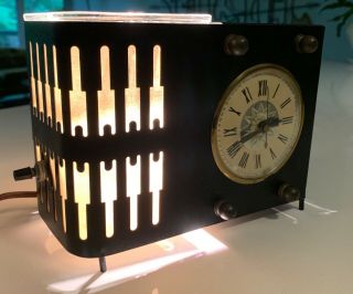 Vintage 50s 60s Metal Clock Planter Lamp Mid Century Modern Atomic Era Lanshire