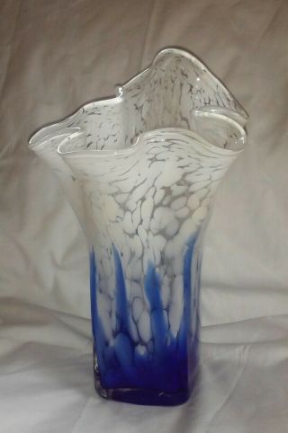 Hand Crafted Glass Art Vase Blue & White Handkerchief Ruffle Decor Drip Splatter
