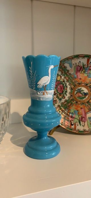 Antique 12 " Turquoise Blue Opaline Glass Vase Hand Painted Crane Milk Glass