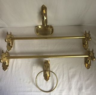 Vintage Horse Head Brass Bath Accesories 2 Towel Holders Ring Holder Soap Dish
