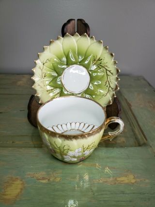 Vintage Mustache Cup And Saucer Hand Painted Green Branches Leaves Berries Gold