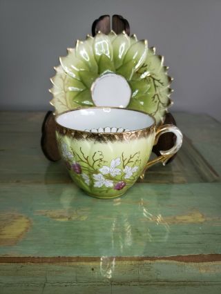 Vintage Mustache Cup And Saucer hand painted green branches leaves berries gold 2