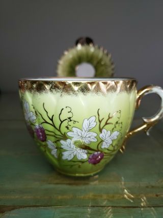 Vintage Mustache Cup And Saucer hand painted green branches leaves berries gold 3