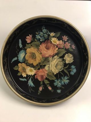 Vintage Round Toleware Hand Painted Metal Tray Floral Roses
