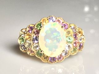 Vintage Faceted Opal And Colorful Gemstone Ring In 10k Yellow Gold