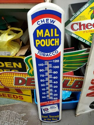 Vtg Chew Mail Pouch Tobacco Thermometer Metal Sign 38x3/4 Advertising Tobbacian