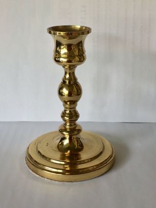 Vtg Heavy Polished Brass Candlestick Round Base American Classic Design 4.  75 "
