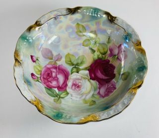 Vintage Porcelain Opal Luster Decorative Bowl Hand Painted Pink Roses Gold Trim