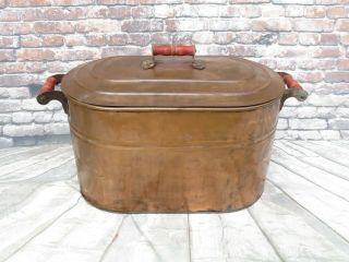 Antique Vintage Revere Copper Boiler Wash Tub W/ Red Wood Handles