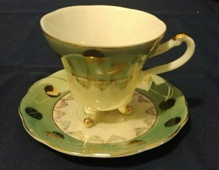 Vintage Fine Bone China Tea Cup With Legs & Saucer Set - Gold Dot Pattern & Trim