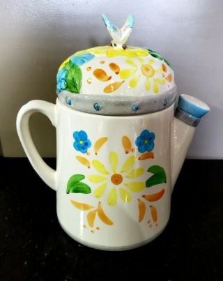 Vintage Ceramic Tea Pot Cookie Jar With Lid,  Pretty Floral Pattern 9.  5 " Tall