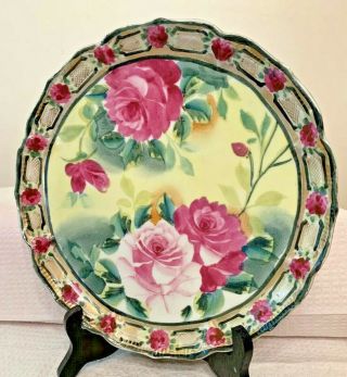 Antique Porcelain Germany? Hand Painted Plate Pink / Red Roses 9”