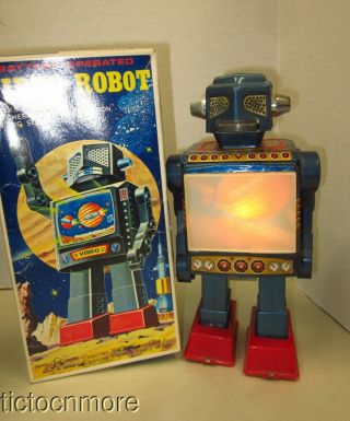 Vintage Japan Horikawa Video Robot Moon Scene Lights Bo Space Tin Toy W/ Box