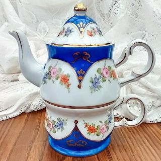 Vintage Tea Set For One Stacking Teapot & Tea Cup White Blue W/ Flowers & Gold
