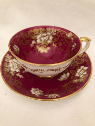Crown Staffordshire Vtg.  Tea Cup And Saucer Wine Red White And Gold Flowers
