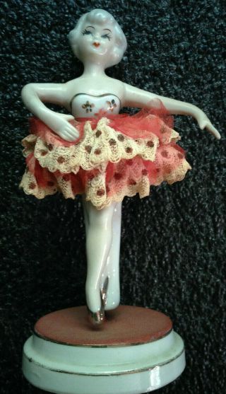 Vintage Spinning Porcelain Ballerina Lace Tutu On Stand Ballet Dancer Figurine