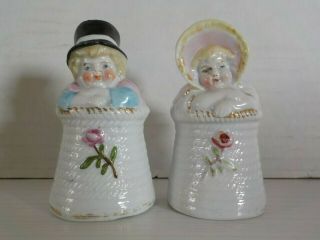 Antique German Kate Greenaway Porcelain Figural Boy & Girl Salt & Pepper Shakers