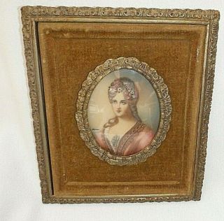 Vintage Hand Painted On Porcelain Victorian Woman W Flowers Framed Signed
