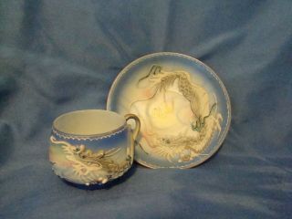 Vintage Fine China Occupied Japan Dragon Demitasse Tea Cup & Saucer Gold Blue
