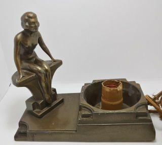 Art Deco Lamp Vintage Bronze Cast Metal Women Sitting On Bench,