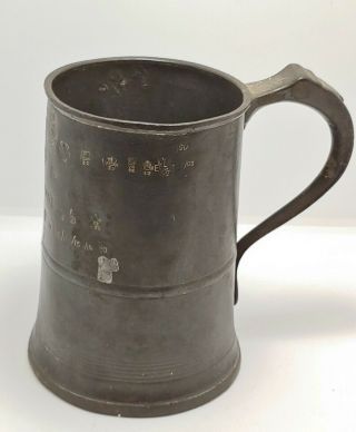 Early Antique English Pewter Quart Tankard Or Mug,  Multiple Makers Marks C.  1800