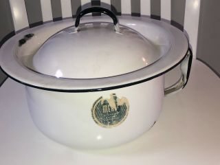 Vintage Porcelain Enamelware Enamel Diaper Pail Chamber Pot W/lid Side Handle
