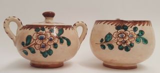 Vintage Terracota Lidded Sugar Bowl & Creamer Hand Painted Made In Italy Signed