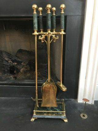 Vintage Solid Brass 5 Piece Fireplace Tool Set With Green Marble Handles & Base