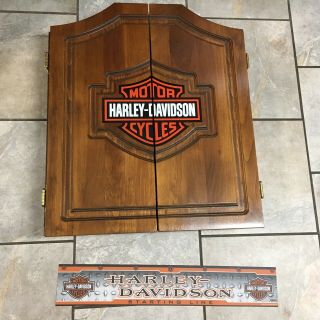Vintage Harley Davidson Dart Board Cabinet Heavy Solid Wood - Metal Darts