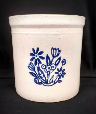 Antique Stoneware 2 Gallon Crock W/fancy Cobalt Blue Flower