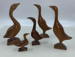 Vintage Hand Carved Wooden Geese Set Of 5,  Folk Art Birds,  Water Fowl,  Goose