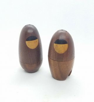 Mid Century Modern Wood Teak Salt & Pepper Shakers With Inlay Faces