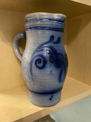 Antique Salt Glaze Stoneware Pitcher Crock Cobalt 8” Tall