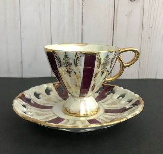 Vintage Burgundy Purple Gold Gilt Lusterware Footed Tea Cup & Pierced Saucer Set
