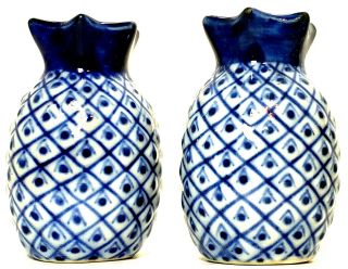 Hand Painted Blue And White Pineapples Porcelain Salt And Pepper Shakers Set 2 " H
