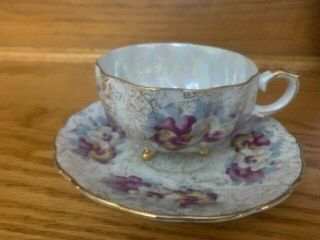 Vintage Tea Footed Cup & Saucer Purple Blue White W/gold Trim