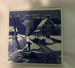 Vintage Currier and Ives The Old Homestead in Winter Blue & White Coasters. 2