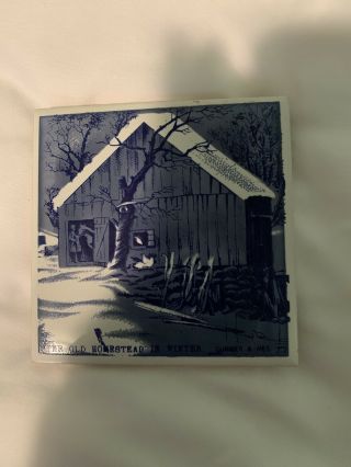 Vintage Currier and Ives The Old Homestead in Winter Blue & White Coasters. 3