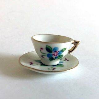 Vintage Mini February Tea Cup And Saucer Doll Size W/ Flowers Gold Accents 1¼ "