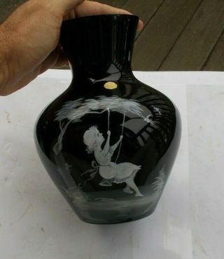Vintage Hand Painted Mary Gregory Black Onyx Glass Vase Westmoreland Girl Swing