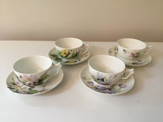 Vintage T&v France Set Of 4 Tea Cups Saucers Fine Bone China Flowers