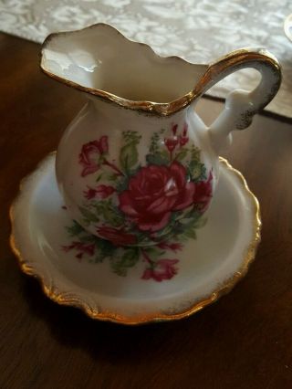 Antique ♡ Red Roses With Gold ♡ Individual Creamer And Underplate