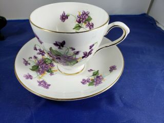 Queen Anne English Bone China Teacup And Saucer Purple Violets