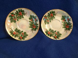 Ucagco Christmas Holly Berry Lusterware Replacement Saucers Green Red Set Of 2