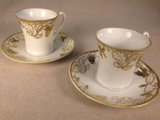 Vg Hand - Painted Nippon Morimura Bros.  Gold White Porcelain 2 Cups & Saucers 1911